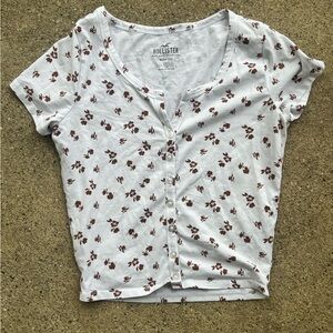 Hollister White and Brown Floral Button Down Baby Tee Top Size Small